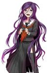  1girl ahoge black_legwear dangan_ronpa fukawa_touko glasses hair_ornament hairclip kesawa long_hair long_skirt long_sleeves open_mouth purple_hair round_glasses school_uniform serafuku side_slit simple_background skirt solo sweatdrop thigh-highs very_long_hair violet_eyes white_background zettai_zetsubou_shoujo 