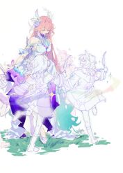  2girls absurdres bare_shoulders breasts chinese_commentary closed_eyes coat commentary_request cyrene_(demiurge)_(honkai:_star_rail) cyrene_(honkai:_star_rail) cyrene_(philia093)_(honkai:_star_rail) detached_sleeves dress dress_flower flower grass green_hair hair_flower hair_intakes hair_ornament highres holding holding_own_dress holding_quill honkai:_star_rail honkai_(series) laughing layered_dress long_hair multicolored_dress multicolored_hair multicolored_ribbon multiple_girls pink_hair pointy_ears purple_dress quill ribbon see-through_body short_sleeves socks standing standing_on_one_leg very_long_hair white_background white_dress white_hair white_sleeves wrist_ribbon xinjinjumin473436997948 