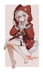  1girl animal_hood bandaid bandaid_on_cheek bandaid_on_face barefoot border cat_hood clara_(honkai:_star_rail) closed_mouth collar detached_collar expressionless feet full_body fur-trimmed_jacket fur_trim grey_background highres honkai:_star_rail honkai_(series) hood hooded_jacket jacket long_hair looking_at_viewer moumazimuri open_clothes open_jacket red_eyes red_hood red_jacket sidelocks simple_background sitting solo toes white_border white_collar white_hair 