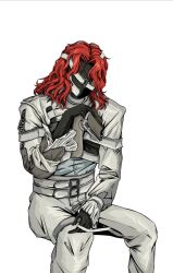  1boy absurdres aleph_(reverse:1999) black_gloves black_mask chinese_commentary commentary_request covered_face cracked_mask feet_out_of_frame gloves highres holding holding_notebook huazhadi invisible_chair long_hair male_focus mask notebook pants red_hair reverse:1999 shirt sitting solo white_background white_pants white_shirt 