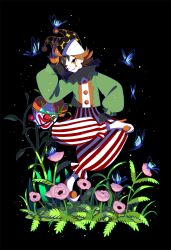  1boy awoito_(tsurubami_jiguro) black_background blue_butterfly bug butterfly clown commentary_request flower full_body gloves grass green_shirt hat highres jester jester_cap long_sleeves multicolored_hair neck_ruff one_eye_closed orange_hair original pants pink_flower red_pants shirt smile solo striped_clothes striped_pants vertical-striped_clothes vertical-striped_pants 