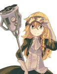  1girl adjusting_goggles alternate_costume blonde_hair bow braid corset dress engine goggles goggles_on_head hair_bow jacket kirisame_marisa long_hair mechanical_broom no_hat smile solo steampunk touhou yellow_eyes yoshinaga_p 