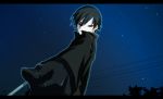  1boy black_gloves black_hair byon darker_than_black gloves hei highres letterboxed mask night night_sky sky solo wire 