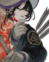  1boy absurdres androgynous arrow_(projectile) black_gloves black_hair commentary gloves highres original parted_lips shimizu_en_(shimizuen3310) simple_background solo white_background 