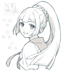  1girl :d blush braid commentary cropped_torso eyelashes flower_symbol happy hatori_a highres lillie_(pokemon) looking_to_the_side open_mouth pokemon pokemon_sun_and_moon ponytail shirt smile solo twitter_username upper_body watermark 