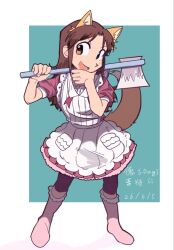  1girl animal_ears apron axe boots brown_eyes brown_hair city_(arawi_keiichi) collared_apron dated dress fox_ears fox_tail frilled_apron frilled_boots frills full_body hand_on_own_chin holding holding_axe long_hair nagumo_midori open_mouth pink_boots pink_dress plumthegreat pocket puffy_short_sleeves puffy_sleeves short_sleeves smile solo tail white_apron 