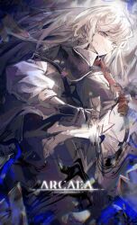  1girl absurdres arcaea black_gloves broken_glass closed_mouth collared_shirt commentary diamond-shaped_earrings earrings glass glass_shards gloves highres insight_(arcaea) jewelry long_hair long_sleeves necktie qier-mope red_necktie shirt single_shoulder_pad smile solo upper_body violet_eyes white_hair white_shirt 