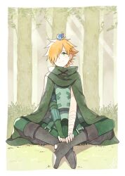  1boy animal_on_head ark_kan bandaged_arm bandages bird bird_on_head black_boots boots cape commentary elbow_gloves fate/grand_order fate_(series) fingerless_gloves forest gloves green_cape green_eyes green_gloves green_pants hair_over_one_eye knee_boots male_focus nature on_head orange_hair pants robin_hood_(fate) signature single_elbow_glove single_glove sitting smile solo tree 