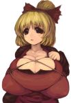  1girl :o bow breasts brown_topwear bust cleavage collarbone commentary_request deep_skin hair_bow huge_breasts kasutaso kurodani_yamame long_sleeves looking_at_viewer ponytail short_hair simple_background skindentation solo tareme touhou white_background yellow_eyes 