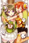  2girls ;d arm_garter bamboo_steamer brown_hair bun_cover character_name chestnut_mouth chinese_clothes detached_sleeves etsuo fang fingerless_gloves food frilled_thighighs frills gloves highres holding holding_food hoshizora_rin koizumi_hanayo love_live!_school_idol_project multiple_girls one_eye_closed open_mouth orange_eyes orange_hair outstretched_arm panda short_hair skirt smile star striped striped_legwear thigh-highs violet_eyes 