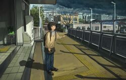  1girl absurdres anko1127 arm_at_side artist_name backpack bag bare_tree black_shoes blue_pants brown_bag brown_eyes brown_hair brown_skirt brown_sweater building cellphone clouds cloudy_sky collared_shirt commentary_request day fence full_body grey_sky hand_up highres holding holding_phone lamppost loafers long_sleeves looking_up miniskirt original outdoors pants pants_under_skirt parted_lips phone pleated_skirt raised_inner_eyebrows shadow shirt shoes short_hair signature skirt sky smartphone solo standing sweater tactile_paving track_pants tree urban v-neck white_shirt worried 