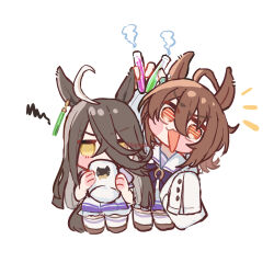  2girls agnes_tachyon_(umamusume) ahoge animal_ears black_hair blush bow bowtie brown_hair brown_shoes chibi coat cup hair_over_one_eye highres holding holding_cup holding_test_tube horse_boy horse_ears horse_tail lab_coat long_bangs long_hair manhattan_cafe_(umamusume) multiple_girls open_mouth purple_bow purple_bowtie red_eyes school_uniform shoes short_hair simple_background skirt sleeves_past_fingers sleeves_past_wrists smile socks songdu tail test_tube tracen_school_uniform umamusume very_long_hair white_background white_coat white_skirt white_socks yellow_eyes 
