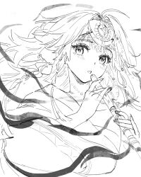  1girl :o absurdres chinese_clothes flute greyscale hair_ornament hands_up hanfu headband highres holding holding_flute holding_instrument instrument lineart long_hair looking_at_viewer monochrome official_alternate_costume reverse:1999 rubuska sketch solo upper_body white_background yue_ling_(yueling1911) 
