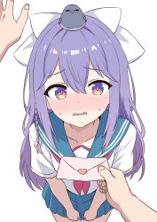  1girl absurdres animal_on_head bird bird_on_head blush bow braid commentary_request dot_nose double-parted_bangs hair_between_eyes hair_bow highres kabedon long_hair looking_at_viewer love_letter multicolored_eyes neckerchief nose_blush on_head pov pov_hands project-sp purple_hair raised_inner_eyebrows red_neckerchief rutice school_uniform serafuku short_sleeves side_braid small_sweatdrop two-tone_eyes v_arms violet_eyes virtual_youtuber wavy_mouth white_background white_bow wucandan_de_gangtanke yellow_eyes 
