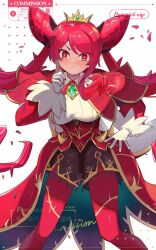  1girl artist_logo breasts commentary_request commission corset crown dominus_purge double_bun dress drill_hair duel_monster gloves gloves_over_sleeves hair_between_eyes hair_bun hair_ornament highres hsin jewelry logo long_hair long_sleeves mini_crown pantyhose petals red_corset red_eyes red_hair red_pantyhose shorts sidelocks solo thorns under-elbow_gloves white_background white_corset white_gloves white_tiara yu-gi-oh! 