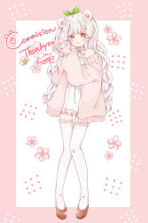  1girl absurdres animal_ears bare_shoulders bear_ears bear_girl blunt_bangs blush border brown_shoes cardigan character_request closed_mouth commentary_request commission copyright_request dress frilled_thighhighs frills full_body highres long_hair long_sleeves looking_at_viewer muto_095 open_cardigan open_clothes outline outside_border own_hands_clasped own_hands_together pink_border pink_cardigan red_eyes shoes short_dress signature simple_background skeb_commission sleeves_past_wrists smile solo standing thigh-highs wavy_hair white_background white_dress white_hair white_outline white_thighhighs zettai_ryouiki 