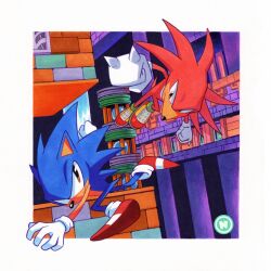  2boys blue_fur furry furry_male gloves highres knuckles_the_echidna multicolored_shoes multiple_boys nuri_durr red_fur red_shoes shoes sonic_(series) sonic_the_hedgehog two-tone_shoes white_gloves white_shoes 