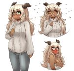  1girl aran_sweater bare_shoulders blush breasts bust cleavage closed_eyes constricted_pupils denim embarrassed full-face_blush glasses goat_girl goat_horns gray_topwear green_eyes jeans large_breasts light_brown_hair liliana_rodica long_hair long_sleeves monster_girl okamaka open_mouth original pants simple_background smile solo sweater towel turtleneck white_background 