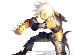  .hack// .hack//g.u. 1boy commentary crop_top facial_mark fighting_stance gauntlets haseo_(.hack//) holding holding_sword holding_weapon looking_at_viewer male_focus maro_maronomaro midriff red_eyes shadow shoulder_tattoo simple_background solo spiky_hair sword tattoo untranslatable_commentary weapon white_background white_hair 