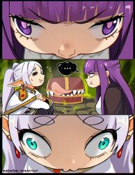  ... 2girls annoyed aqua_eyes bags_under_eyes breasts capelet cobblestone commentary dungeon earrings elf fangs fern_(sousou_no_frieren) flying_sweatdrops frieren grass highres jewelry licking_lips long_hair looking_at_another mimic mimic_chest multiple_girls pointy_ears purple_hair sitting snegovski sousou_no_frieren squiggle sweatdrop teardrop_earrings thick_eyebrows tongue tongue_out twintails untranslatable_commentary violet_eyes wall-eyed white_hair wide-eyed 