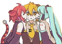  3girls ahoge akita_neru aqua_hair black_shirt blonde_hair detached_sleeves double_cheek_kiss drill_hair girl_sandwich hatsune_miku highres kasane_teto kasane_teto_(utau) kiss kissing_cheek lod_(lodddd) long_hair multiple_girls necktie pink_hair sandwiched shirt side_ponytail triple_baka_(group) twin_drills twintails utau very_long_hair vocaloid yellow_eyes yellow_necktie yuri 