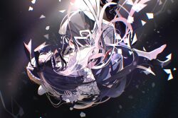  2girls absurdres arcaea black_boots black_hair black_thighhighs blonde_hair boots bow broken_glass dress frilled_sleeves frills glass glass_shards hair_bow hair_ribbon highres hug jacket laetzit_0314 long_hair long_sleeves multicolored_hair multiple_girls ribbon thigh-highs thigh_boots two-tone_hair vita_(arcaea) vita_(wanderer)_(arcaea) white_dress white_hair white_jacket wide_sleeves yuri 