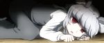  1girl animal_ears dress grey_dress grey_hair hiding long_sleeves looking_at_viewer lying mouse_ears mouse_tail nazrin on_side open_mouth red_eyes shirosato shirt solo tail touhou uneven_eyes 