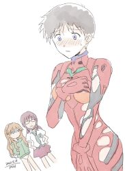  2girls :3 akasiro20 between_legs blue_collar blue_eyes blush bodysuit brown_hair collar commentary cross_tie glasses green_cross_tie green_hoodie hand_between_own_legs hand_on_own_chest highres hood hoodie ikari_shinji long_hair makinami_mari_illustrious mecha_pilot_suit multiple_girls neon_genesis_evangelion orange_hair plugsuit_(evangelion) red_bodysuit red_skirt skirt souryuu_asuka_langley sweatdrop torn_bodysuit torn_clothes untranslatable_commentary 