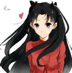  1girl arms_behind_back black_hair blue_eyes bust fate/stay_night fate_(series) hair_ribbon heart long_hair otonashi_yusaku ribbon simple_background small_breasts smile solo sweater toosaka_rin turtleneck two_side_up white_background 