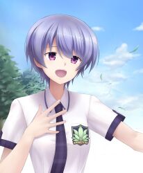 1girl blue_hair blue_sky breast_pocket breasts chaos;head chaos;head_love_chu_chu! clouds cloudy_sky collared_shirt commentary_request day falling_leaves hand_on_own_chest happy highres kishimoto_ayase leaf necktie open_mouth otsukanolich outdoors pink_eyes plaid_clothes plaid_necktie plaid_sleeves pocket purple_necktie school_emblem school_uniform science_adventure shirt short_hair short_sleeves sky small_breasts smile solo suimei_academy_school_uniform summer_uniform teeth tongue tree upper_body upper_teeth_only white_shirt 