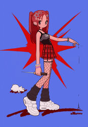 1girl belt_collar black_camisole black_eyes black_leg_warmers blood blood_drip blood_drop blood_on_hand blue_background bracelet camisole closed_mouth clothes_writing collar commentary creature ear_piercing fishnet_thighhighs fishnets from_side full_body garter_straps hair_ornament hairclip heel_up highres holding holding_ice_pick holding_weapon ice_pick jewelry leg_warmers lightning_bolt-shaped_pupils lightning_bolt_symbol long_hair looking_at_viewer looking_to_the_side lying miniskirt norixio on_stomach original ozzy_&amp;_betty_(norixio) parallel_hairclips pearl_bracelet piercing plaid_clothes plaid_skirt red_hair red_skirt shoes skirt sneakers sparkling_eyes spiked_bracelet spikes standing star_(symbol) star_hair_ornament symbol-shaped_pupils thigh-highs twitter_username two_side_up untranslatable_commentary velcro_footwear watermark white_shoes