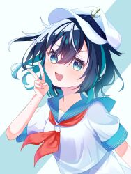  1girl :d anchor_symbol black_hair collared_shirt hat highres looking_at_viewer murasa_minamitsu neckerchief open_mouth red_neckerchief sailor_hat shirt short_sleeves simple_background smile solo touhou upper_body v white_background white_hat white_shirt yukimin_usagi 
