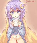 1girl blanket blush crescent_hair_ornament cup hair_ornament holding_cup kantai_collection maruki_(punchiki) mug open_mouth purple_hair ribbed_sweater sketch solo steam sweater turtleneck twitter_username yayoi_(kantai_collection) 