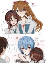  ! !! ayanami_rei blue_eyes blue_hair blush brown_hair collared_shirt commentary_request cross_tie flower green_cross_tie hairband heart highres ikari_shinji interface_headset_(evangelion) long_hair makinami_mari_illustrious neon_genesis_evangelion oishii4o orange_hair red-framed_eyewear red_eyes red_ribbon ribbon school_uniform shirt short_hair souryuu_asuka_langley tokyo-3_middle_school_uniform yuri 