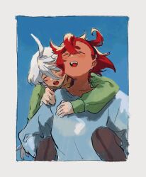  2girls :d ^_^ alternate_costume blue_background blue_shirt carrying closed_eyes facing_viewer gundam gundam_suisei_no_majo happy laughing long_hair long_sleeves miorine_rembran multiple_girls open_mouth piggyback red_hair shirt smile suletta_mercury tanutotomato thick_eyebrows white_hair 
