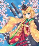  1girl blonde_hair blue_eyes blush cherry_blossoms fred0092 hair_ornament highres japanese_clothes kii_(monster_strike) long_sleeves looking_at_viewer monster_strike outstretched_arm short_hair sky solo tree turret 