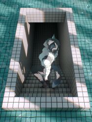  1boy absurdres animal_ears arknights black_hair black_pants caustics fox_boy fox_ears fox_tail from_above full_body highres liminal_space long_sleeves looking_at_viewer looking_up lots_of_pink male_focus nowell_(arknights) pants pool shadow shirt short_hair solo stairs standing suspenders tail tile_floor tile_wall tiles water white_shirt 
