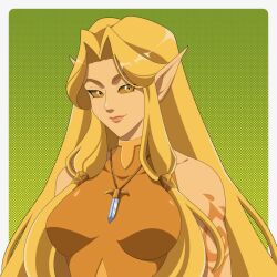  1girl blonde_hair breasts colored_sclera commentary commission english_commentary green_background hair_tubes highres jewelry low-tied_sidelocks medium_breasts necklace original otagothic pointy_ears portrait profile shoulder_tattoo sidelocks sleeveless sleeveless_turtleneck smile solo tattoo turtleneck yellow_eyes yellow_sclera 