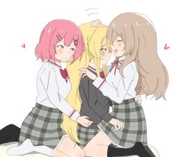  3girls amaori_renako black_cardigan black_socks blonde_hair blush bow bowtie brown_hair cardigan closed_eyes closed_mouth collared_shirt commentary english_commentary girl_sandwich grey_skirt hand_on_another's_head hand_on_another's_waist heart highres kneehighs medium_hair multiple_girls open_mouth ouzuka_mai pink_hair plaid_clothes plaid_skirt pleated_skirt red_bow red_bowtie sandwiched sena_ajisai shirt simple_background skirt smile socks tinny_(yumedeta) violet_eyes watashi_ga_koibito_ni_nareru_wake_naijan_murimuri! white_background white_shirt white_socks yuri 