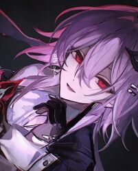  1girl black_background black_flower black_gloves dark_background evernight_(honkai:_star_rail) flower flower_ornament gloves glowing glowing_eyes hair_flower hair_ornament highres honkai:_star_rail honkai_(series) long_sleeves lower_teeth_only march_7th_(honkai:_star_rail) medium_hair mg_omom official_alternate_eye_color open_mouth pink_hair red_eyes red_flower solo teeth twitter_username upper_body 