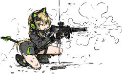 1girl animal_ear_headphones animal_ears b&amp;t_mp9 blonde_hair boots cat_ear_headphones cat_ears cat_tail commentary dutchko fake_animal_ears firing girls_frontline green_eyes gun headphones squatting submachine_gun tail tmp_(girls'_frontline) weapon white_background 