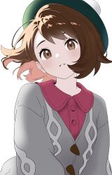  1girl absurdres brown_eyes brown_hair buttons cardigan collared_dress commentary_request dress eyelashes floating_hair gloria_(pokemon) green_hat grey_cardigan hat highres korean_commentary log_(user_zezm3332) medium_hair parted_lips pink_dress pokemon pokemon_sword_and_shield simple_background solo tam_o'_shanter upper_body white_background 