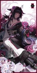  1girl absurdres arknights bird_girl black_boots black_hair black_kimono black_sash blue_eyes blunt_bangs boots border checkered_floor chest_sarashi collarbone commentary flower hair_flower hair_ornament hair_stick hair_wings highres japanese_clothes kimono long_hair looking_at_viewer mio_(arknights) nez39 obi obiage obijime platform_boots red_border sarashi sash solo two-tone_kimono very_long_hair white_kimono 