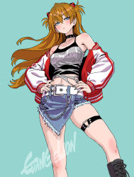  1girl alternate_costume blue_eyes crop_top denim denim_shorts grey_nails hair_flowing_over hands_on_own_hips highres jacket letterman_jacket long_hair looking_at_viewer neon_genesis_evangelion orange_hair punk red_jacket shorts solo souryuu_asuka_langley very_long_hair yamashita_shun'ya 