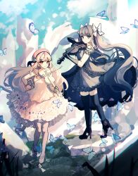  2girls absurdres arcaea bare_shoulders beret black_dress black_hair black_shoes black_thighhighs blue_butterfly blue_eyes bow bow_(music) bug butterfly closed_mouth dress frilled_dress frills hair_bow hair_ribbon hat highres hikari_(arcaea) hikari_(fantasia)_(arcaea) holding holding_bow_(music) holding_instrument holding_violin instrument laetzit_0314 layered_dress long_hair looking_at_viewer multiple_girls red_eyes red_hair ribbon shoes sleeveless sleeveless_dress smile tairitsu_(arcaea) tairitsu_(sonata)_(arcaea) thigh-highs violin white_dress white_hair white_ribbon white_shoes 