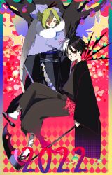  1boy 1girl argyle_background awoito_(tsurubami_jiguro) black_hair black_kimono capelet closed_mouth commentary_request glasses green_hair hair_between_eyes hair_bun highres holding holding_scythe japanese_clothes kimono multicolored_hair original red_eyes round_eyewear sandals sash scythe short_hair sitting smile socks tabi tree two-tone_hair white_hair white_socks wide_sleeves 