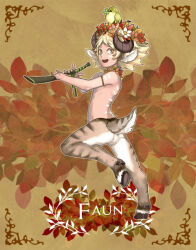  1boy animal animal_ears animal_feet animal_on_head awii bird bird_on_head blonde_hair child faun full_body head_wreath holding holding_instrument hooves horn_(instrument) horns instrument looking_at_viewer looking_back male_focus monster_boy on_head original sheep_boy sheep_ears sheep_horns sheep_tail short_hair solo standing standing_on_one_leg tail yellow_background yellow_eyes 