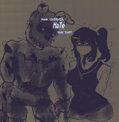  1boy 1girl absurdres alternate_breast_size_(larger) animal_ears arms_behind_back black_hair black_sweater_vest breasts crossover damaged english_text exposed_bone five_nights_at_freddy's highres humanoid_robot izouumi jewelry long_sleeves mechanical_ears medium_breasts necklace pants ponytail rabbit_ears renee_graves robot shirt sidelocks springtrap sweat sweater_vest the_coffin_of_andy_and_leyley thick_thighs thighs trembling white_eyes white_shirt yellow_eyes 