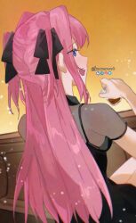  1girl absurdres black_dress black_ribbon blue_eyes blush commentary cup dress from_behind hair_ribbon highres holding holding_cup kamiina_botan kamiina_botan_yoeru_sugata_wa_yuri_no_hana knowname light_particles long_hair open_mouth pink_hair ribbon solo twitter_username two_side_up 