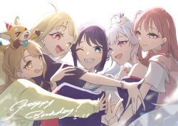  5girls absurdres ahoge ayatsumugi_roka black_shirt blonde_hair blue_eyes bracelet brown_eyes brown_hair cardigan cho_kaguya-hime! clenched_teeth closed_mouth commentary fushi_(cho_kaguya-hime!) gradient_eyes green_cardigan group_hug hair_rings hat highres hug inudoge isayama_mami jewelry kaguya_(cho_kaguya-hime!) long_hair long_sleeves mole mole_under_eye multicolored_eyes multiple_girls off_shoulder one_eye_closed open_mouth party_hat pink_sweater_vest runami_yachiyo sakayori_iroha school_uniform shirt sidelocks simple_background sleeves_past_fingers sleeves_past_wrists sweater_vest teeth tiara twintails v violet_eyes white_background white_hair yr_uroy 